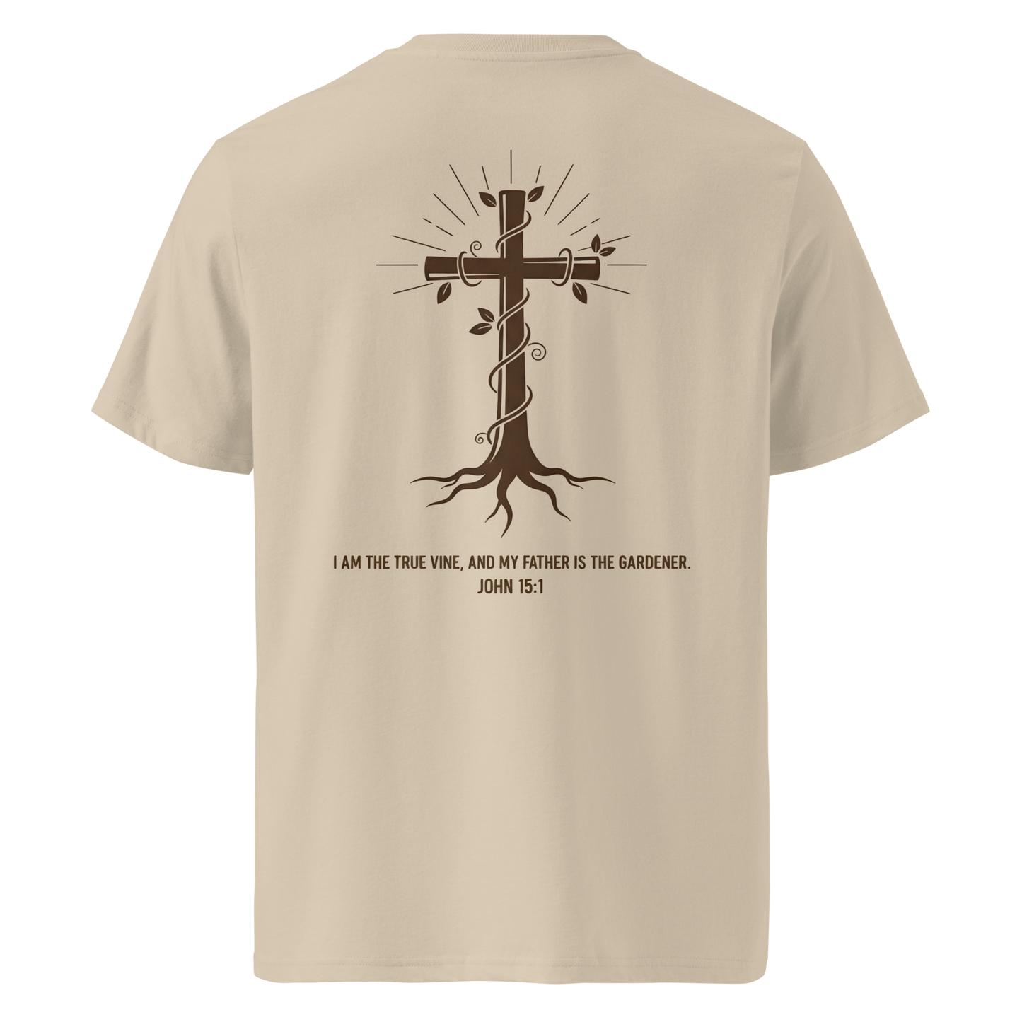 Devoted Scriptures True Vine T-Shirt John 15:1 with Cross and Roots Graphic in Desert Dust