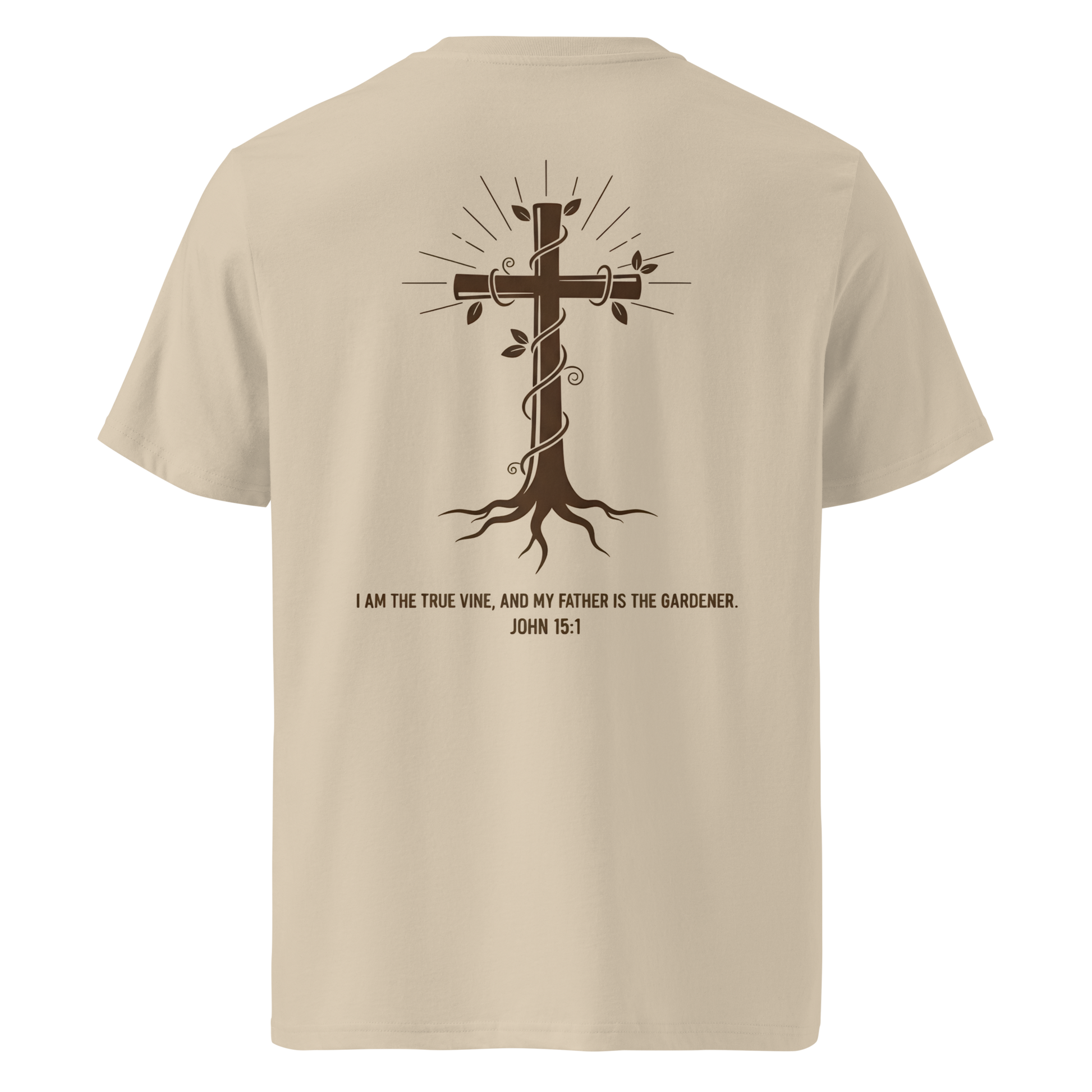 Devoted Scriptures True Vine T-Shirt John 15:1 with Cross and Roots Graphic in Desert Dust