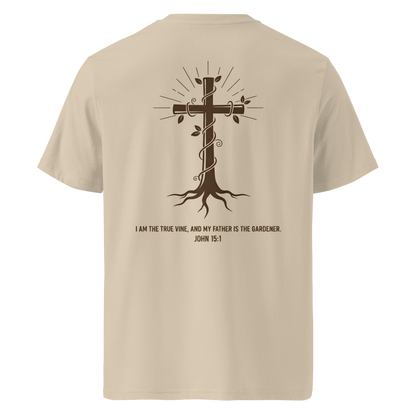 Devoted Scriptures True Vine T-Shirt John 15:1 with Cross and Roots Graphic in Desert Dust