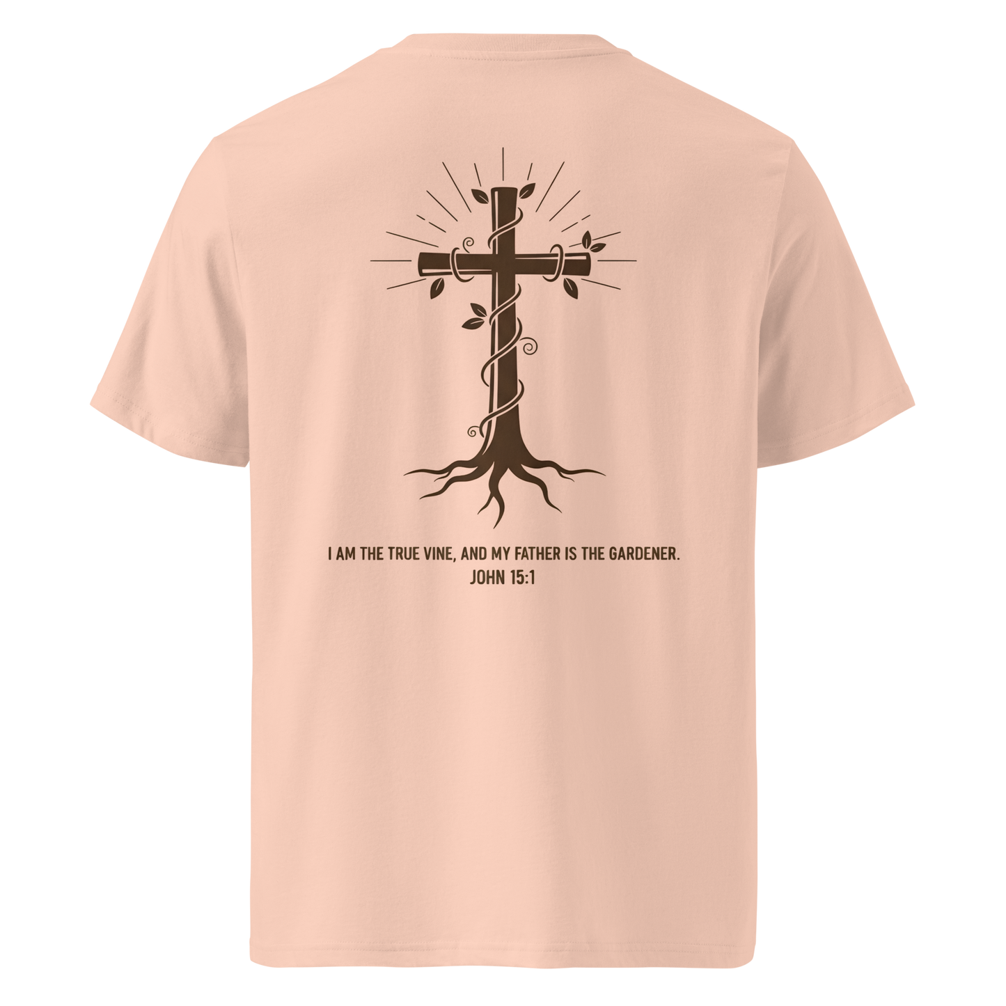 Devoted Scriptures True Vine T-Shirt John 15:1 with Cross and Roots Graphic in Fraiche Peche