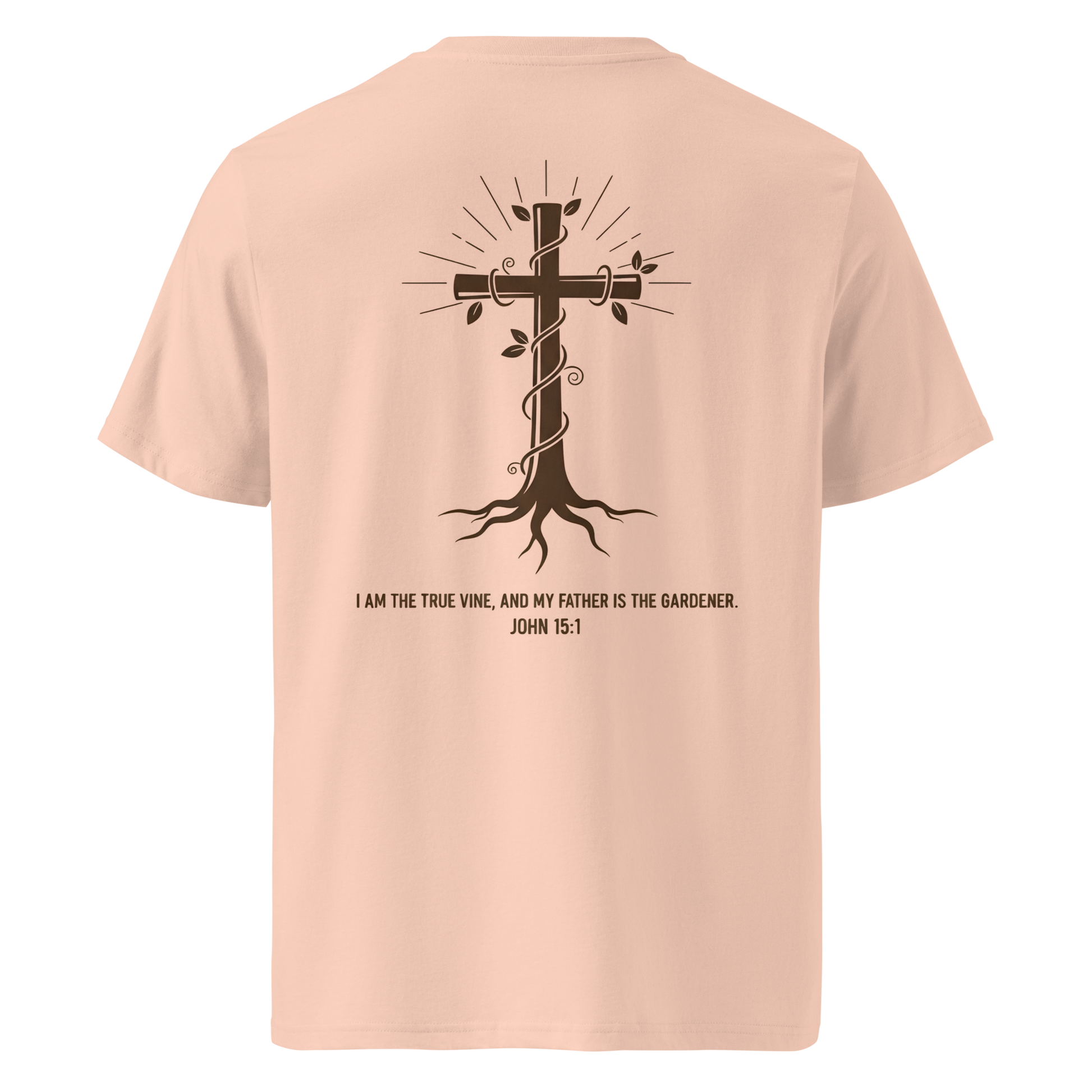 Devoted Scriptures True Vine T-Shirt John 15:1 with Cross and Roots Graphic in Fraiche Peche