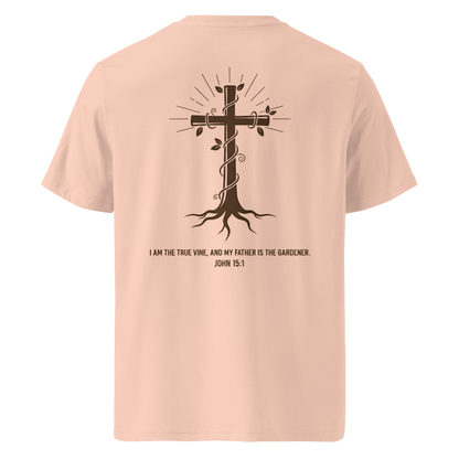 Devoted Scriptures True Vine T-Shirt John 15:1 with Cross and Roots Graphic in Fraiche Peche