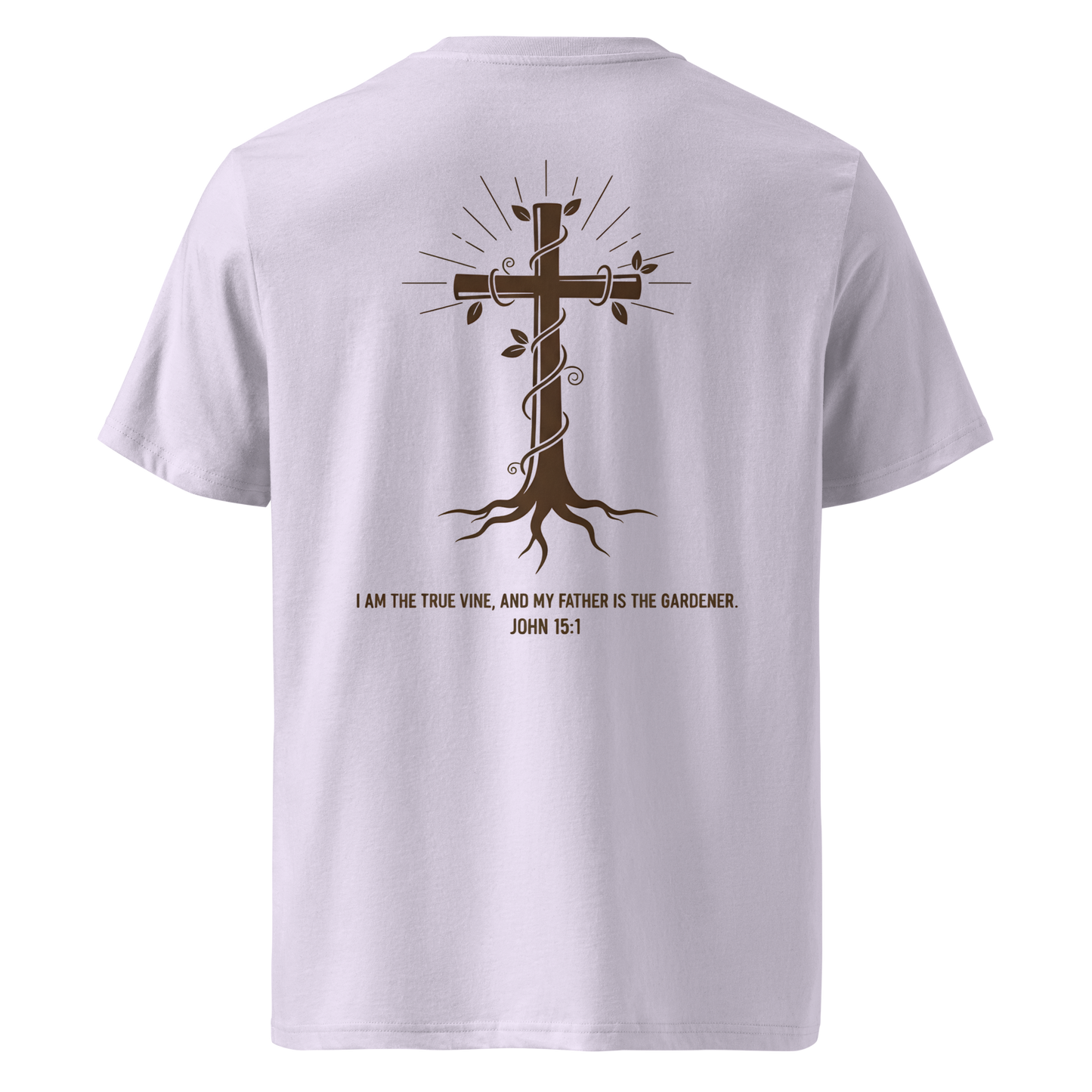 Devoted Scriptures True Vine T-Shirt John 15:1 with Cross and Roots Graphic in Lavender
