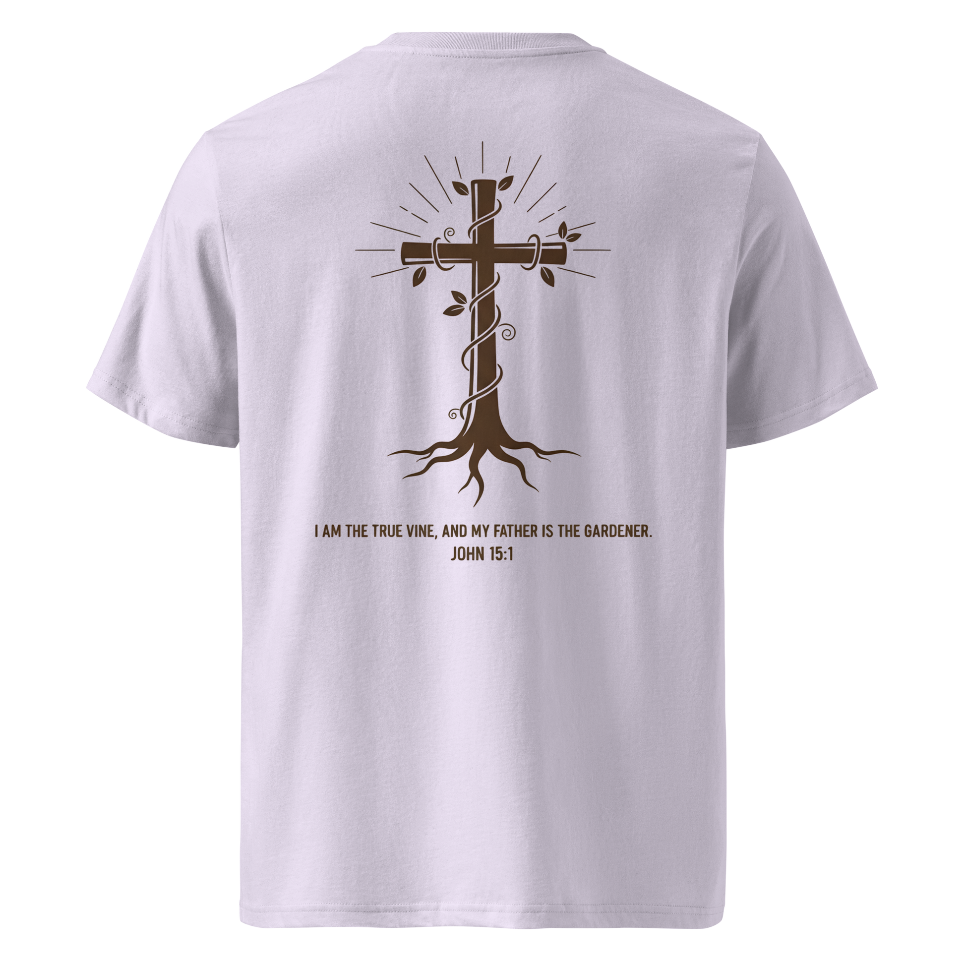 Devoted Scriptures True Vine T-Shirt John 15:1 with Cross and Roots Graphic in Lavender