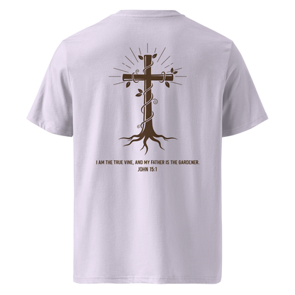 Devoted Scriptures True Vine T-Shirt John 15:1 with Cross and Roots Graphic in Lavender