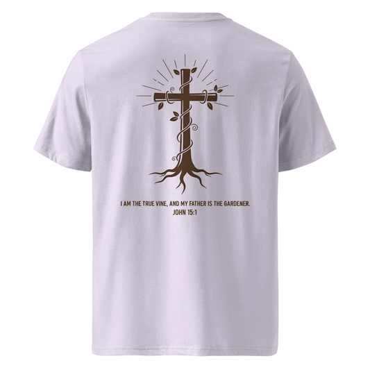 Devoted Scriptures True Vine T-Shirt John 15:1 with Cross and Roots Graphic in Lavender